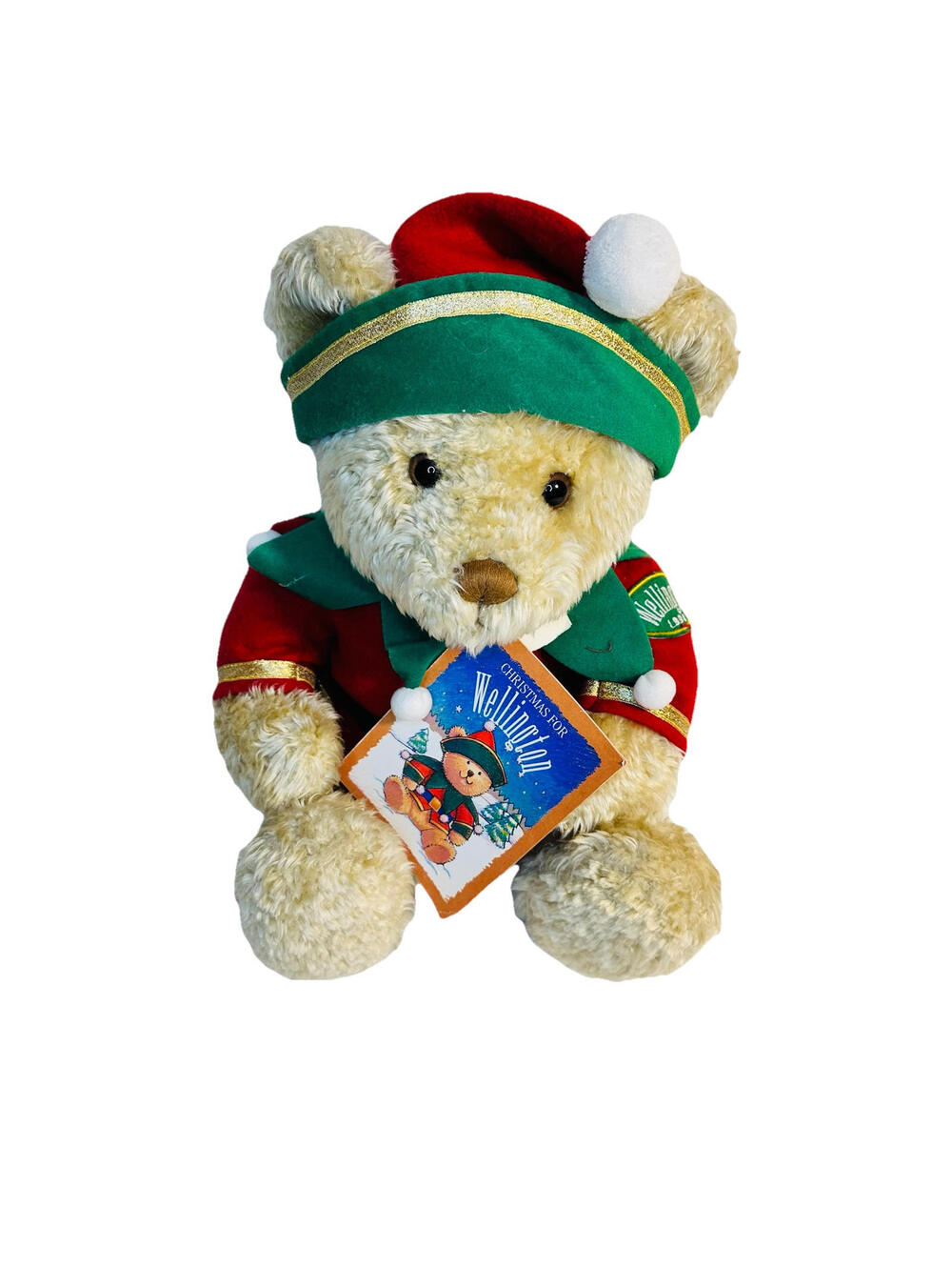 Vintage 90s Wellington Bear Plush Holiday Costume Toy Animal, with Mini Book Att